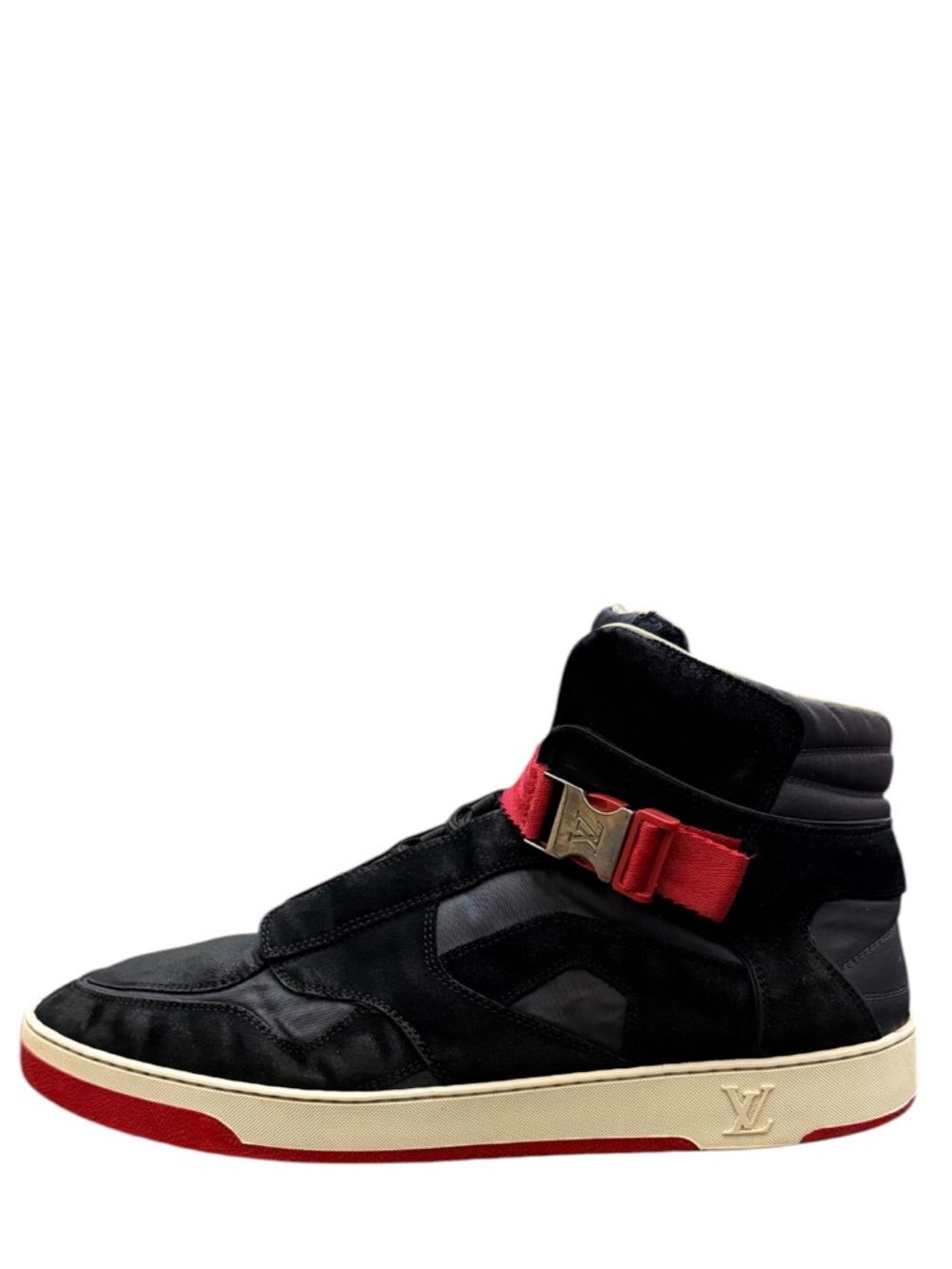 LOUIS VUITTON - BLACK RED GRAY WHITE NYLON SUEDE “SLIPSTREAM” HIGH TOP SNEAKERS - Picture 6 of 15